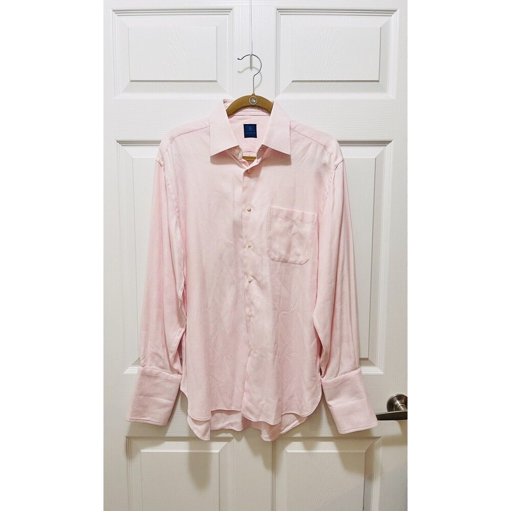 Mens Button Shirt Long Sleeve Size 15.5 100% Cotton Enzone Italy Pink